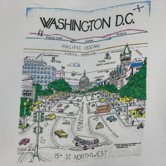 Vintage 80s Washington DC Map T Shirt Mens M Medium Pennsylvania Ave USA White - Picture 9 of 12